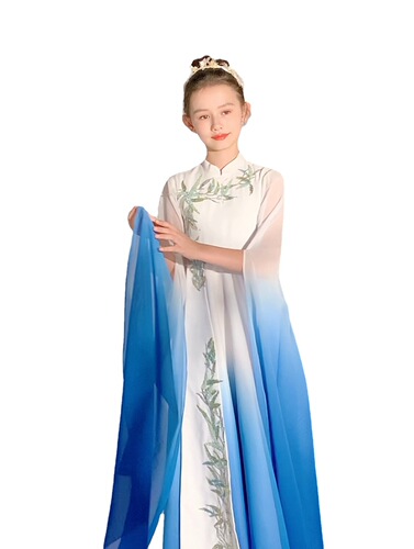 Kids Blue gradient hanfu fairy dress ancient folk dance  costumes guzheng performance long gown water sleeves model show catwalk shows performance clothing