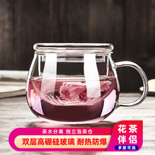 马克杯小众设计感玻璃透明杯带把茶水分离泡茶杯子女士花茶杯滤茶
