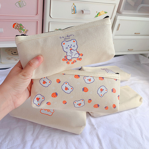 Girly Heart Canvas Pen Bag Large Capacity Cute Girls Stationery Bag Simple Primary School Girls Pencil Box