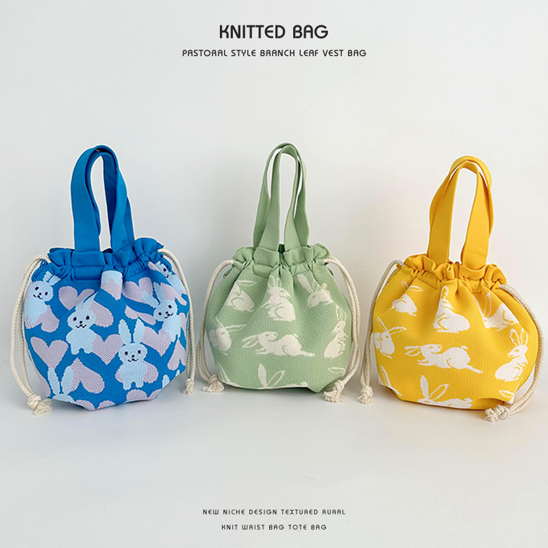 Bucket Bag Women's 2025 Cute Cartoon Casual Hand Carrying Coin Purse Drawstring Bucket Pocket Portable Lunch Box Bag Handbag