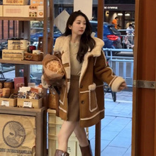 壹冬季新款韩版连帽羊羔毛皮毛一体大衣女中长款鹿皮绒加绒厚外套