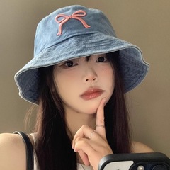 韩系蝴蝶结刺绣渔夫帽女出游防晒遮阳牛仔盆帽时尚新款夏季帽子