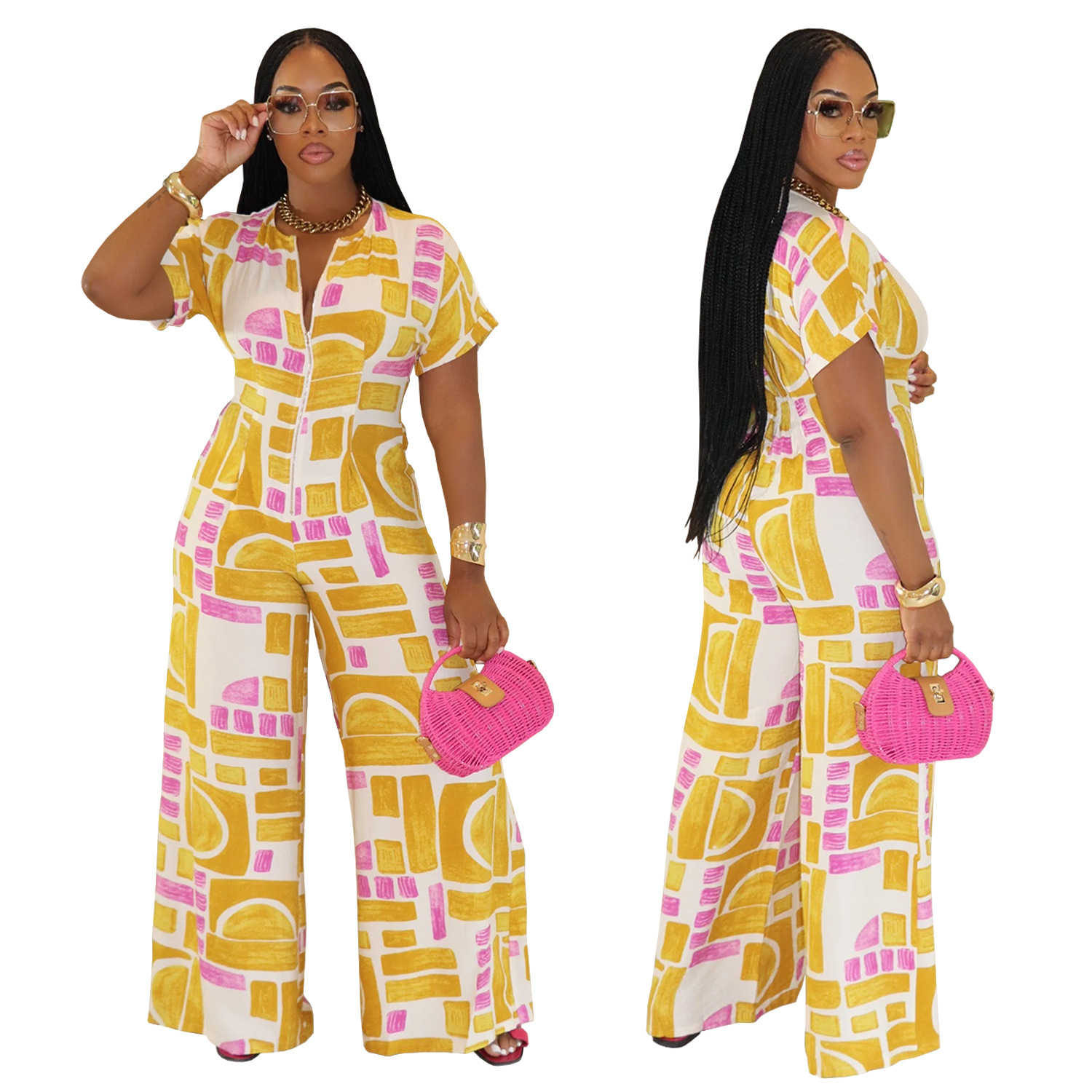 C7468 Cross-border AliExpress Amazon Moda europea y americana Ropa de mujer Moda de verano Impresión casual Mono de manga corta