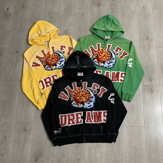 Vale Forever Vallery毛巾绣贴布绣洗水做旧破洞休闲连帽开衫外套