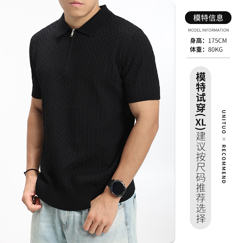 Hombre de negocios casual jersey de malla de punto polo hombre medio cremallera solapa transpirable mangas cortas 2026 nuevo