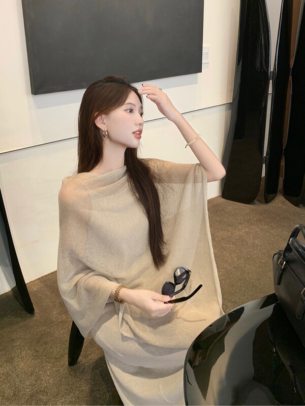 松弛感慵懒气质休闲套装女夏不规则防晒罩衫披肩吊带连衣裙两件套|undefined