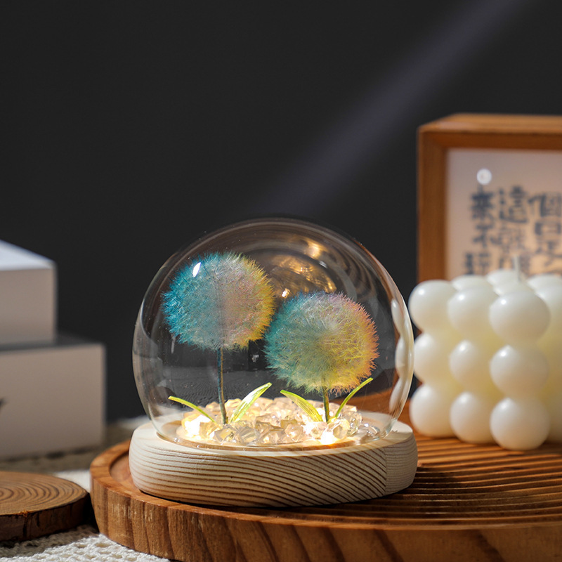 クロスボーダー タンポポ完成品 ナイトライト プリザーブドフラワー ガラスカバー 卓上装飾 ドライフラワー 小物 中秋節ギフト|undefined