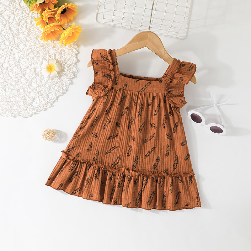 2022 Summer Little Girl Fashion Feather Printed Sleeveless Skirt Clothes display picture 2