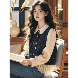 公羽翁复古格纹假两件衬衫女春季新款长袖娃娃领漂亮绝美超好看独