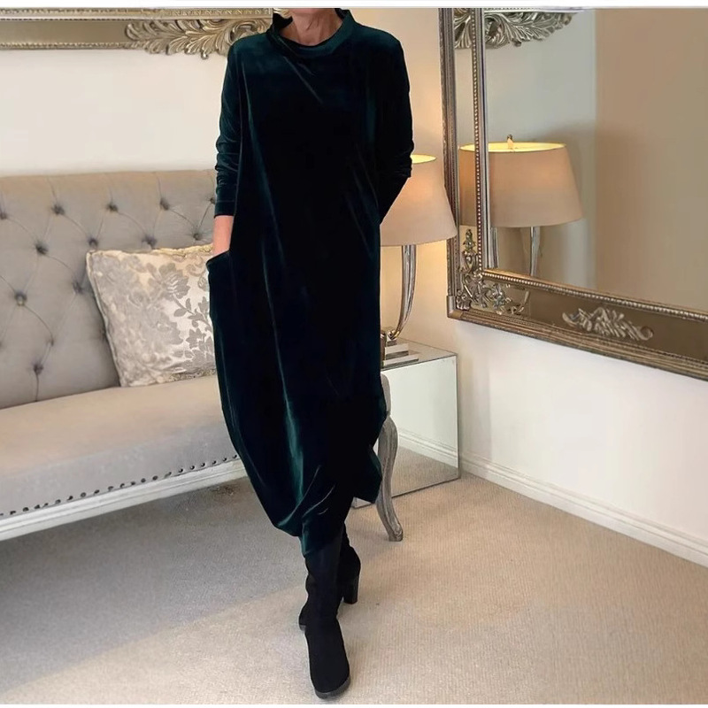 Cross-Border 2025 Amazon Spring and Autumn New European and American Style Slimming Elegant Round Neck Long Velvet Dress