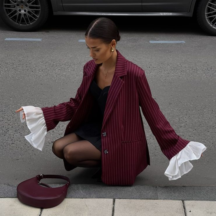 Lace ruffled patchwork striped suit