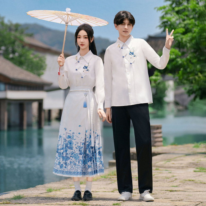 2025 Autumn and Winter School Uniforms Real Shot New Blue and White Porcelain National Style Horse Face Skirt Primary and Secondary School Students Poetry Recitation Performance Clothes