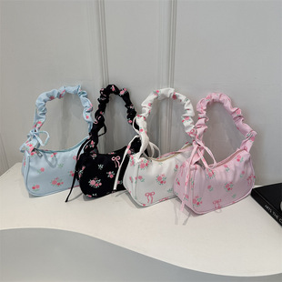 Large-Capacity Single-Shoulder Underarm Small Bow Print Bag, Popular Cross-Border Style, Sweet Drawstring Design, Popular Cross-Border Style