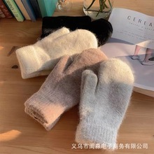 2023冬新款兔毛手套女韩国纯色学生连指全指保暖加绒加厚手套