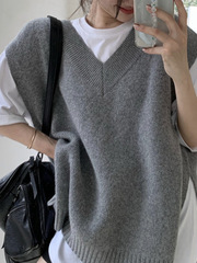 大码V领针织背心马甲女秋冬胖mm宽松显瘦中长款毛衣马夹外套上衣