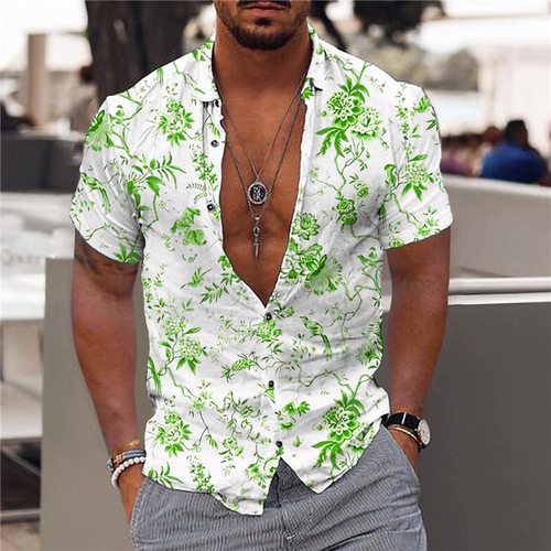 Men's Green Blue Light Purple Purple 3D Printed Outdoor Street Short Sleeve Button Fashion Clothing