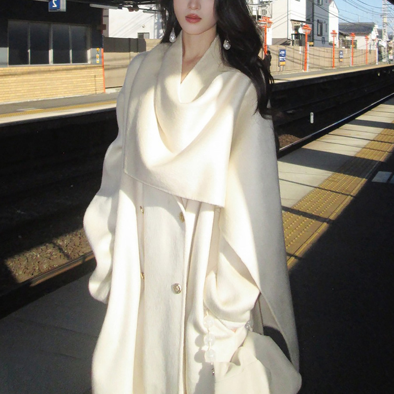 Unique and Stunning Woolen Coat for Women in Late Winter, Long Double-Sided White Woolen Cape Scarf Coat