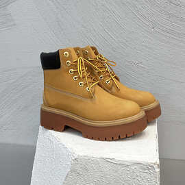 厚底增高女靴2025秋冬新款真皮户外防水休闲马丁靴踢不烂大黄靴女