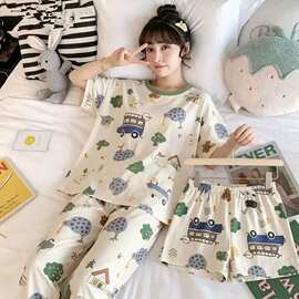 Hot sale Thailand睡衣女夏短袖短裤长裤三件套卡通家居服pajamas