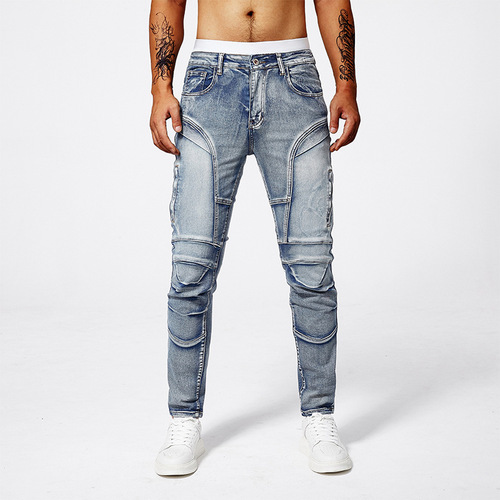 Stylish Men's High-Street Denim Jeans with Patches, Frayed Holes, Elastic Waist, and Slim Fit