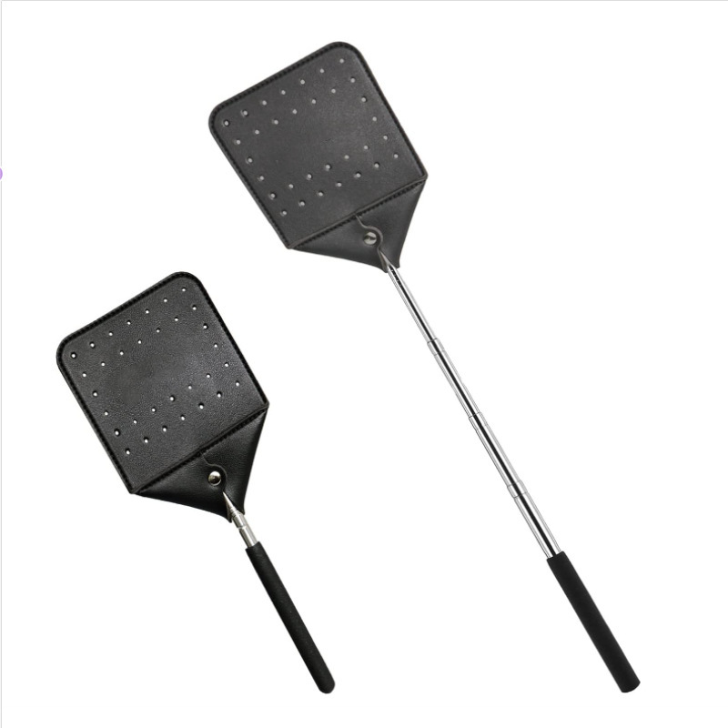 现货可调节伸缩手柄苍蝇拍皮革苍蝇拍家庭和户外使用的质朴虫拍子