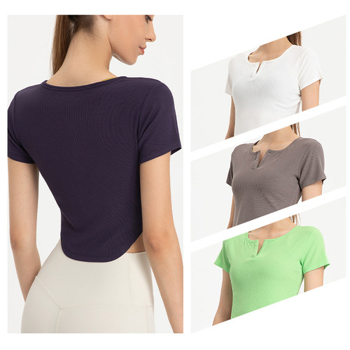 New European and American ribbed yoga wear women's short-sleeved V-neck nude stretch tight sports T-shirt running fitness top