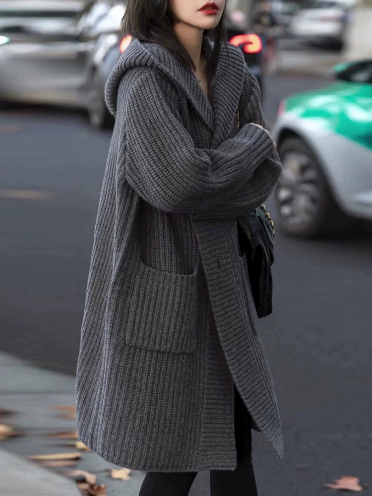 Demi-season woolen long long-sleeve with hood, cardigan, 2023, Korean style, with sleeve, mid-length
