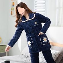 睡衣女秋冬三层加厚珊瑚绒夹棉保暖加绒法兰绒可爱棉袄家居服套装