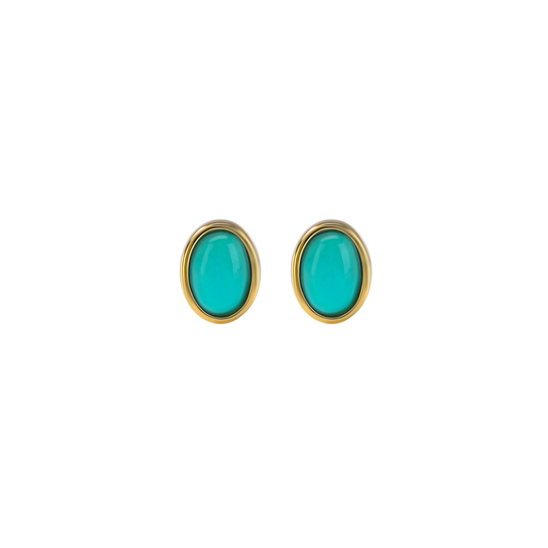 Bông tai bạc S925 mạ vàng hình oval đính đá phong cách vintage — cặp