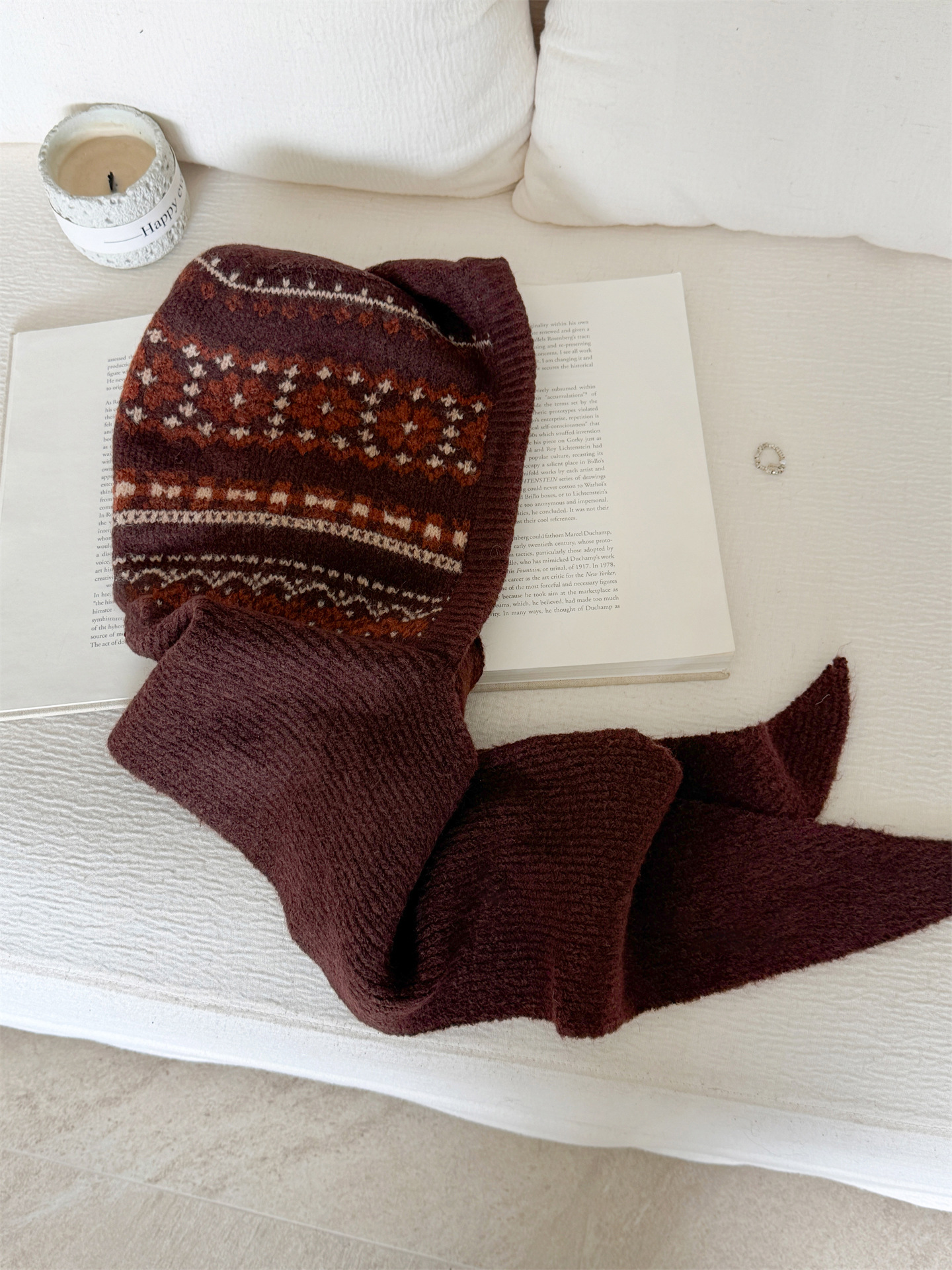 フェア島風毛糸帽子女子秋冬レトロ百合大頭囲保温ニット帽子顔小耳保護帽子