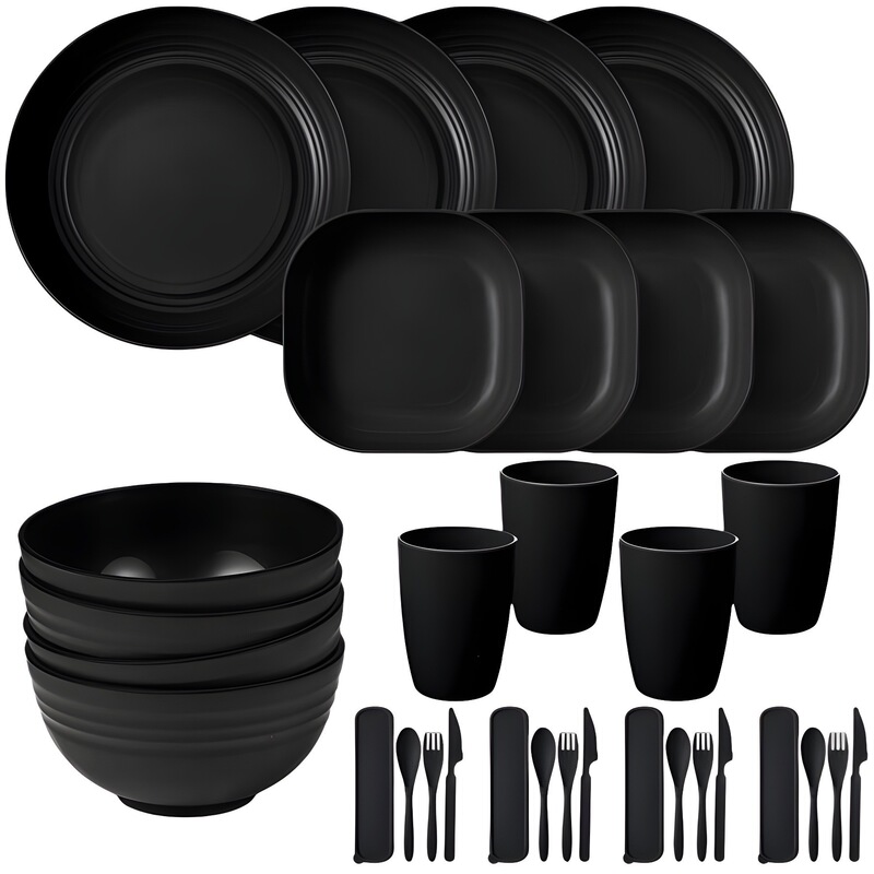 Wheat Straw Black Dishes, Plates and Cups for 4 People, 32-Piece Outdoor Picnic Knife, Fork and Spoon Tableware Set