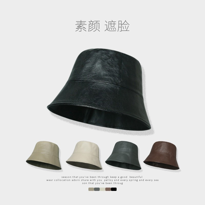 Nicho diseñador pescador sombrero mujer PU cuero casual negro cubo sombrero Otoño e Invierno sombrero de cuero cara pequeña cuenca sombrero Masculino