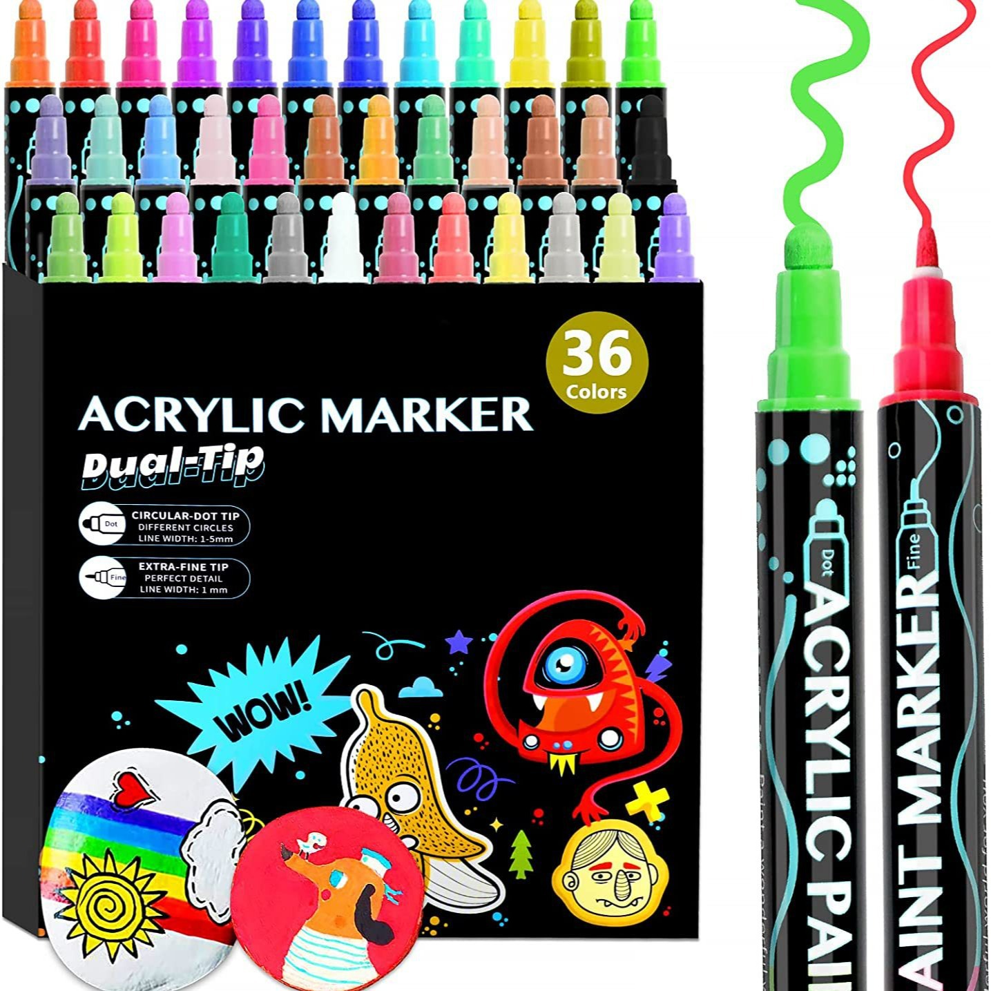 Amazon Venta caliente marcador de acrílico de doble cabeza pluma de punto a base de agua pluma de pigmento marcador de cerámica de 36 colores Doodle pluma