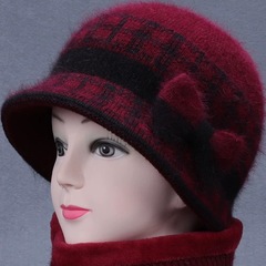 老人帽子女冬季加绒加厚百搭妈妈帽大檐蝴蝶结盆帽保暖针织毛线帽