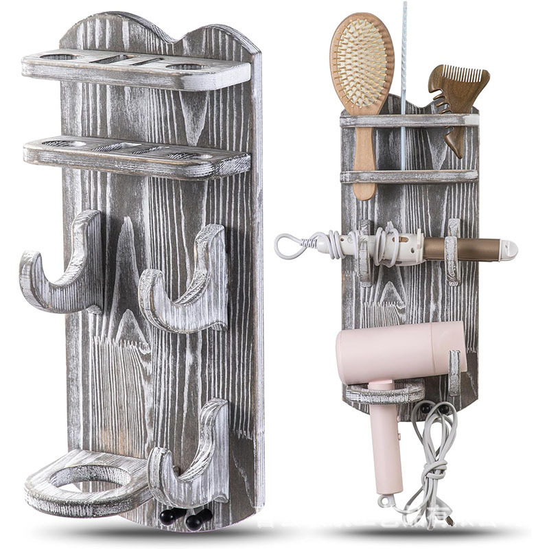 Hair Tools Wall Hanger Rustic Wooden Hair Dryer Bracket Bathroom Curling Iron Flat Iron Tool Storage Rack