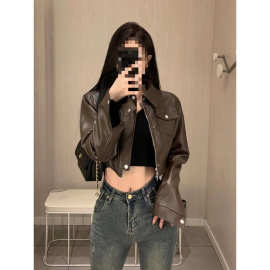 美式复古辣妹风咖色皮衣外套女秋装美拉德甜酷设计感机车夹克上衣