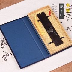 【銀杏葉】書籤禮品紫光檀鑲嵌999銀絲創意木質書籤一件代發