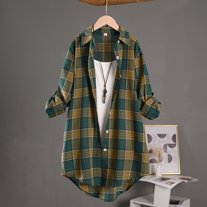 Cross-border Plaid Shirt Women's Thin Sun-protection Clothing Loose Cotton and Linen Top Design Sense Coat Mid-length Foreign Trade Shirt