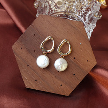 现货批发新款复古巴洛克纽扣天然淡水珍珠耳环女气质925纯银针