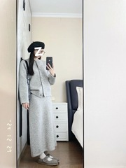 复古慵懒风重工钉珠长袖宽松毛衣开衫冬季高腰针织半身长裙两件套