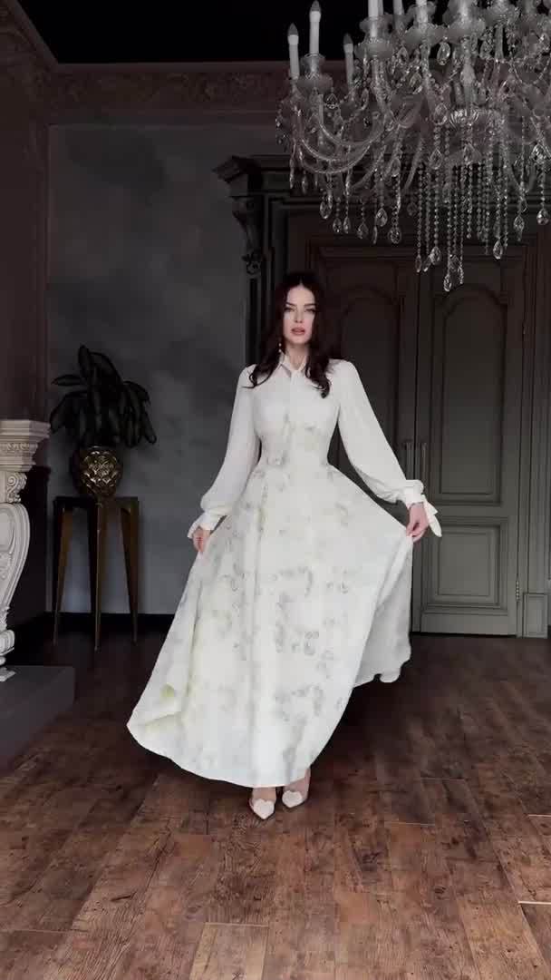 European American 2025 Spring Elegant And Noble Long-Sleeved Dynamic Romantic Style Gold-Embossed Long Dress For_ecoleips.com