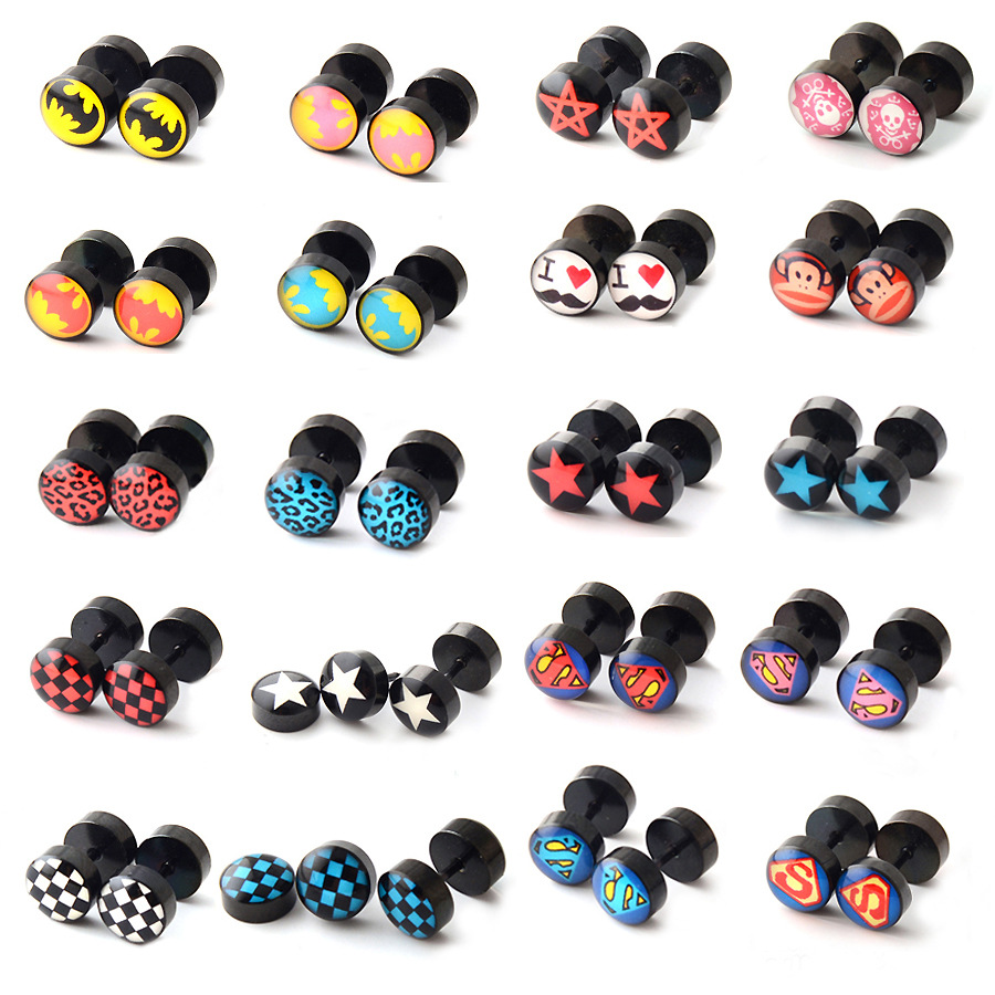 钛钢不锈钢哑铃韩版彩色五角星速卖通双头滴油骷髅图案耳钉AD32