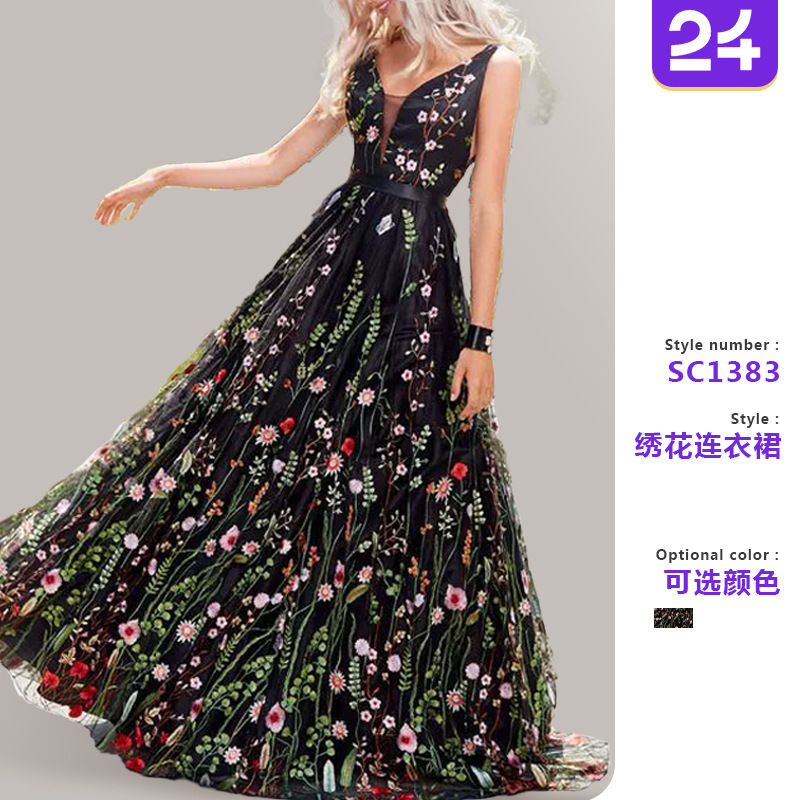 2025 European and American Ebay Sexy Deep V Sleeveless Embroidered Dress Slim Backless Skirt Prom Dress Long Skirt