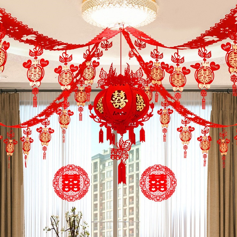 结婚婚房布置房顶天花板装饰屋顶吊顶喜字拉花加厚无纺布套装批发