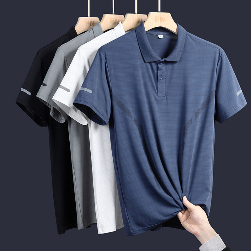 Camisa de polo de seda de hielo de verano de los hombres camiseta de los hombres de seda de hielo moda de negocios papá de los hombres usan solapa impresa manga corta al por mayor