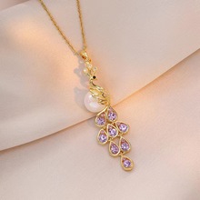 项链女网红跨境孔雀锆石小众新款设计感吊坠气质钛钢项链饰品批发