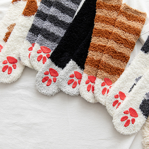 Winter Cat Claw Coral Velvet Sleeping Socks Women's Warm Mid-Tube Floor Socks Dotted Parent-child Baby Children's Socks Wholesale