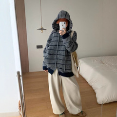 宽松慵懒风撞色条纹连帽开衫毛衣女2025秋冬新款休闲针织衫外套厚