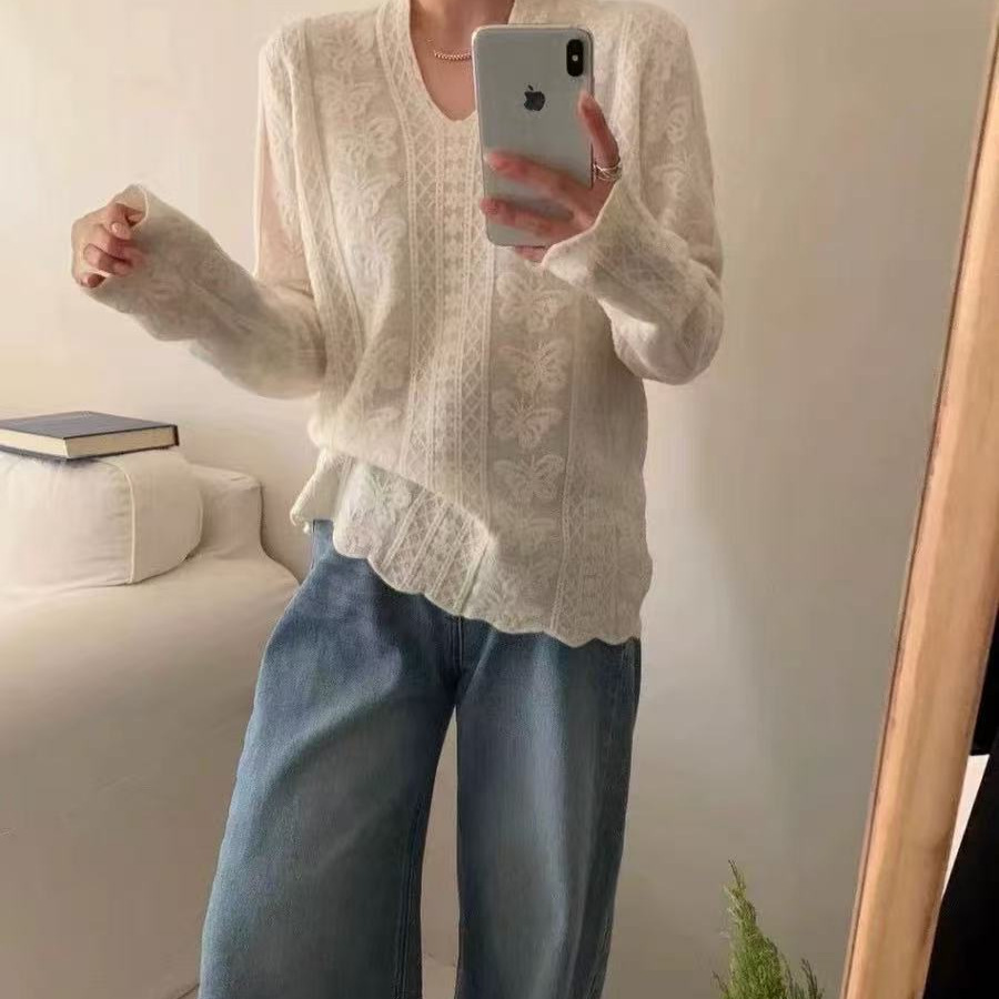 春秋新款女士V字领精纺套头衫清新甜美风蕾丝蝴蝶提花长袖上衣潮