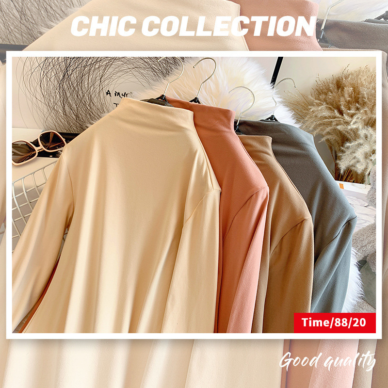 牛奶丝德绒双面磨毛半高领打底衫女秋冬韩版长袖t恤内搭面膜秋衣